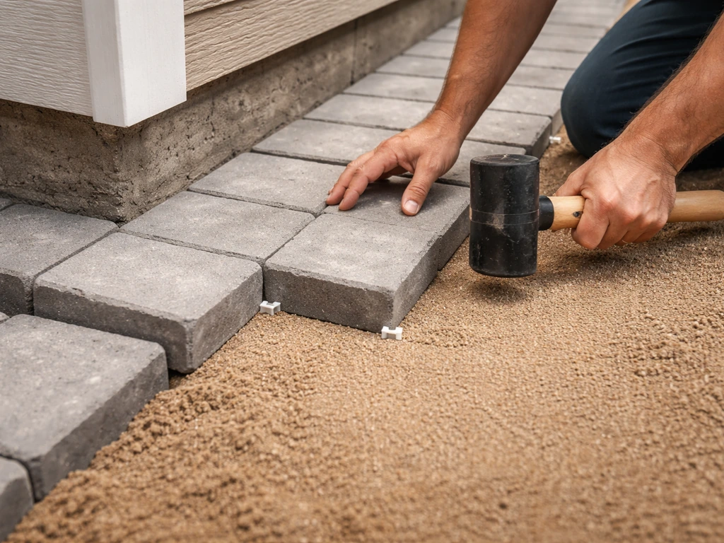 Close-up of hands aligning concrete pavers on sand at a corner, using spacers and a rubber mallet.