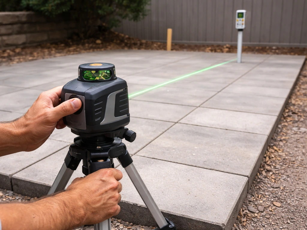 Hands adjust a laser level on a patio while a grade rod/receiver shows slope alignment