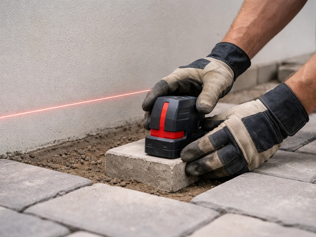 Technician sets a red line laser on a patio base to align pavers to a level reference.
