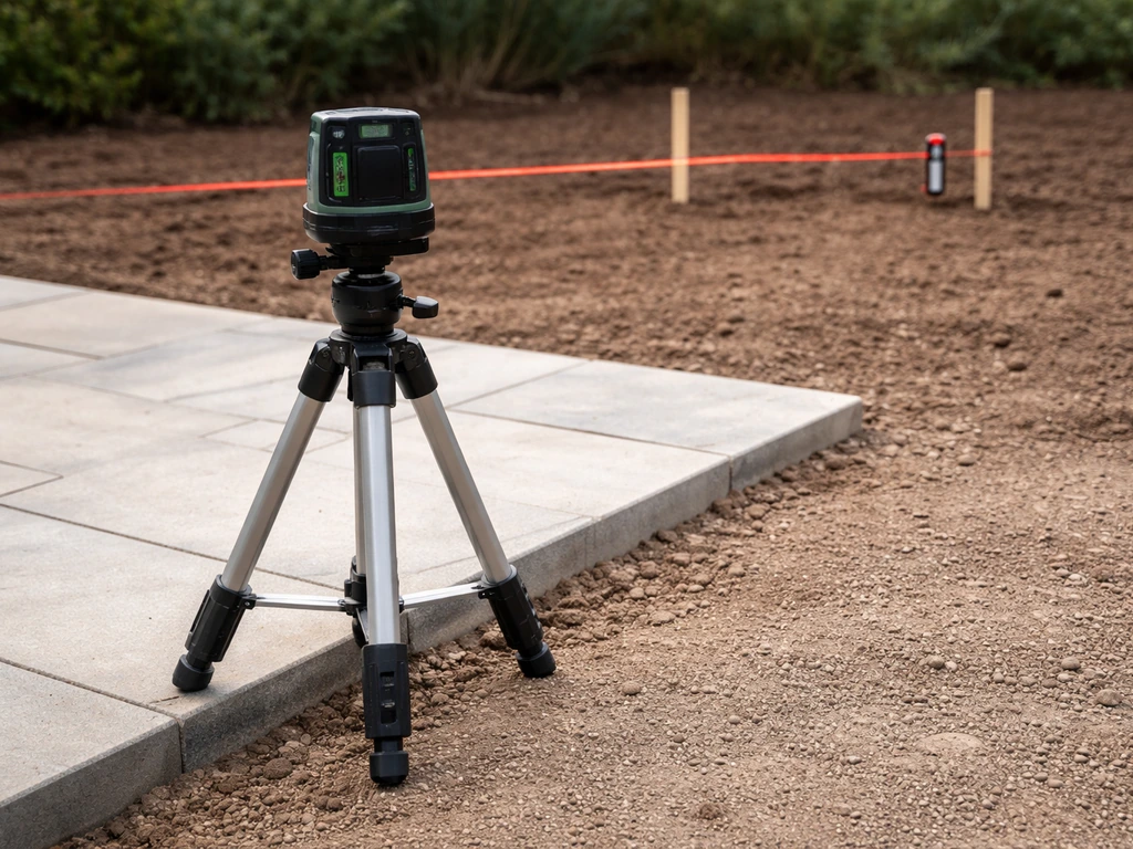 A laser level tripod on firm patio ground with the laser line aligned to stakes and a receiver.