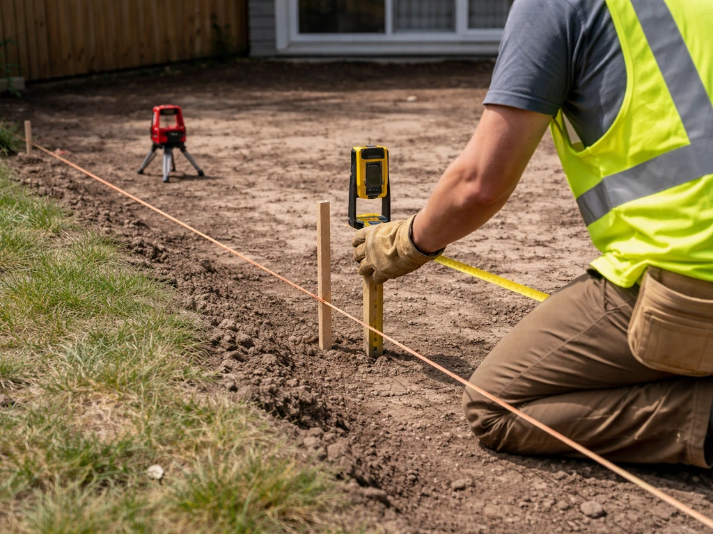 Worker kneels at patio layout using a laser level receiver while checking slope at multiple points