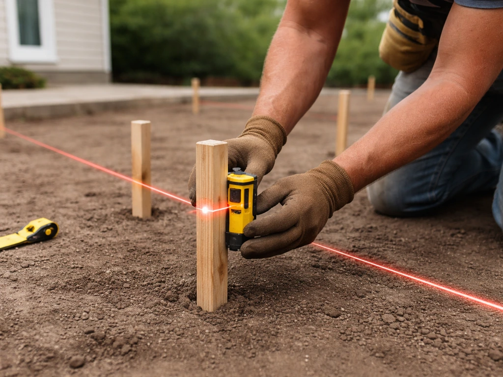 Worker driving wooden grade stakes in a patio grid while aligning a receiver to a laser beam
