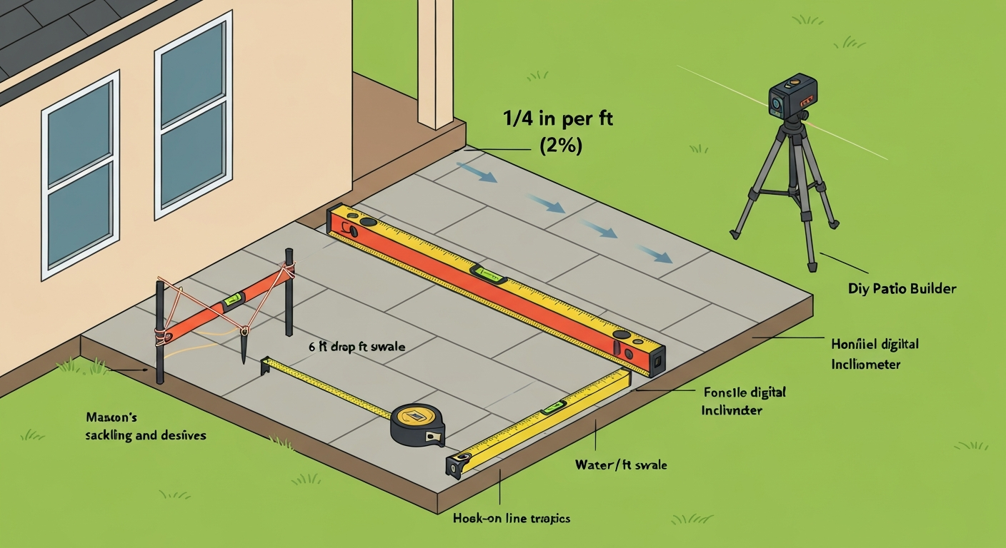 Isometric technical illustration of a patio sloping away from a house with labeled 2% (1/4" per ft) slope and measurement tools (string line with line level, spirit level, tape, inclinometer, rotary laser).