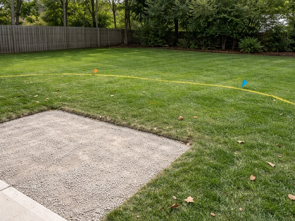 Backyard with subtle leach field boundary markers showing a patio area kept adjacent, not over the field.