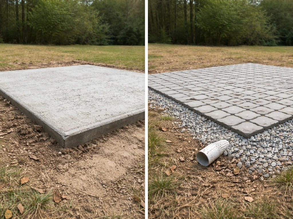 Left: concrete slab over a septic drainfield; Right: permeable gravel/pavers allowing drainage over similar soil.