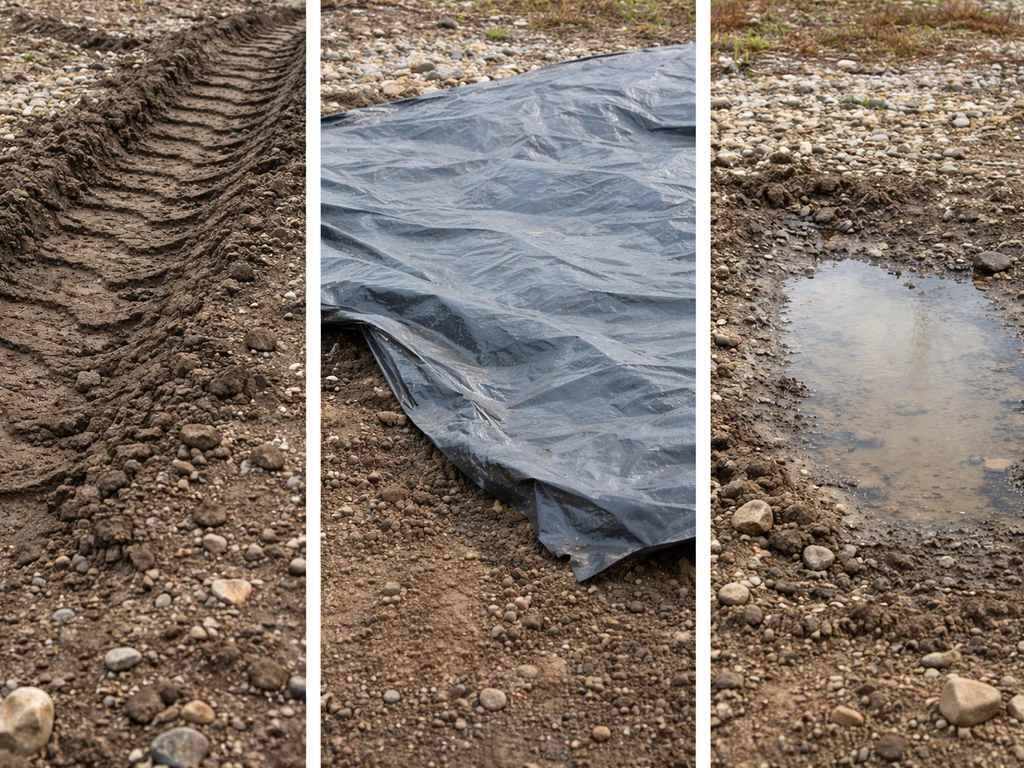 Three-panel composite: compacted soil from a tire track, plastic covering blocking oxygen, and water pooling from poor g