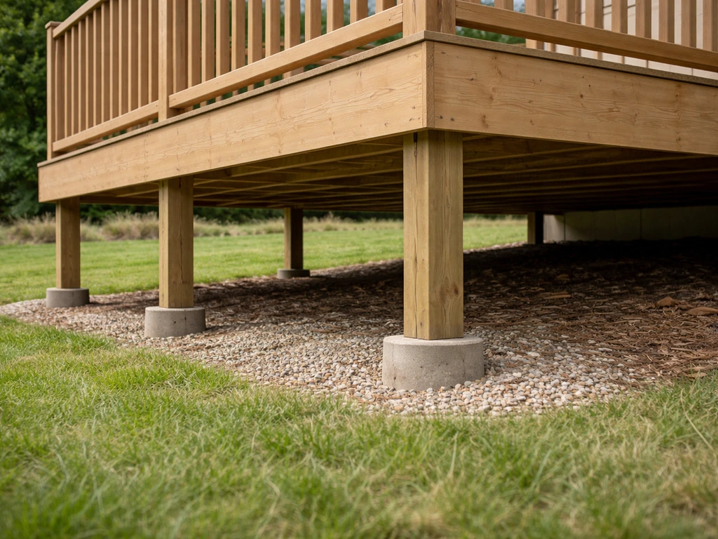 Raised deck on posts with visible air gap above a drainfield area, outdoor yard scene.
