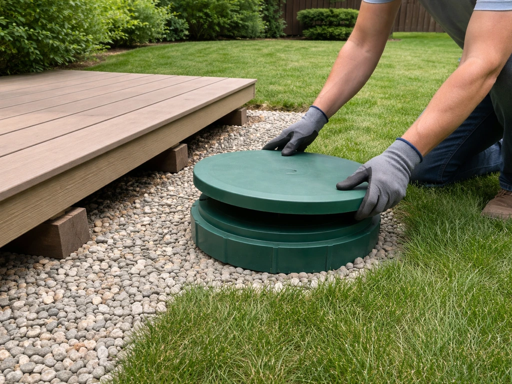 Homeowner-friendly view of a clean, clearly marked access path to a septic inspection area with tidy landscaping.