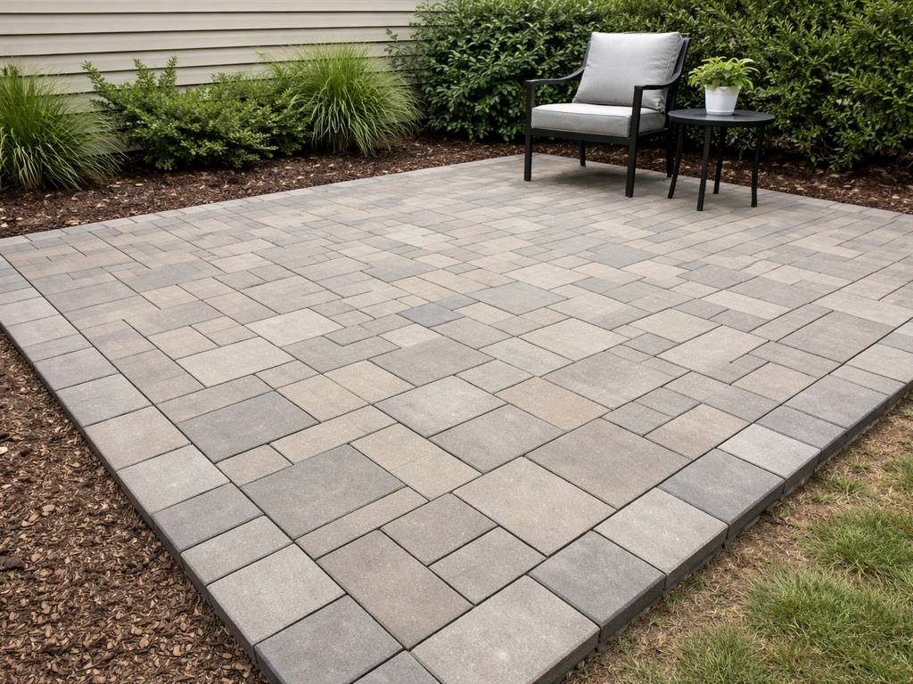 Bright finished DIY patio with new pavers, clean edging, and space for outdoor seating