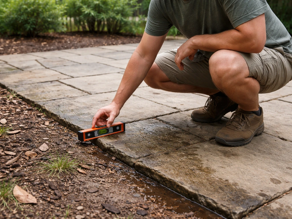 Homeowner kneeling on a patio, checking surface slope and drainage with a small level.