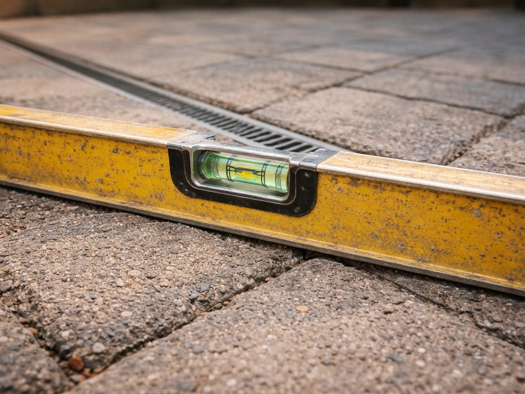 Carpenter’s level with bubble centered on patio base, aligned to drain water away from the house