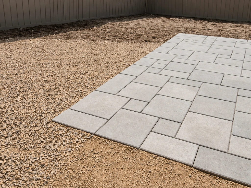 Side-by-side patio materials: pea gravel/decomposed granite in one section and concrete pavers in another.