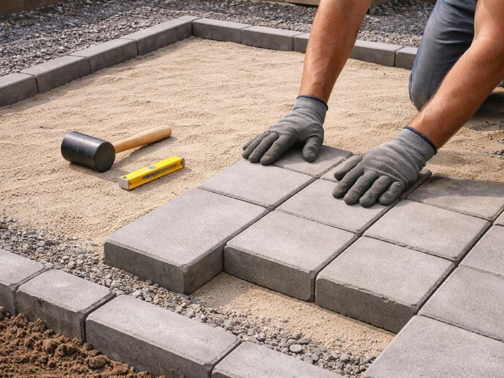 Worker hands setting fresh concrete pavers into a prepared compacted base with bedding sand