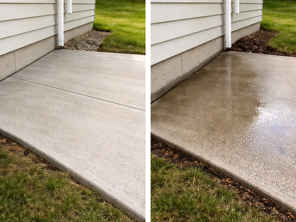 Split closeups of a patio slope: water-draining grade vs pooling grade near a home foundation.