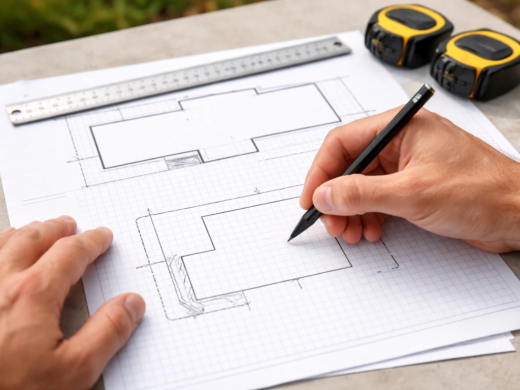 Hands drawing a patio footprint on graph paper with house outline and setback distances marked.