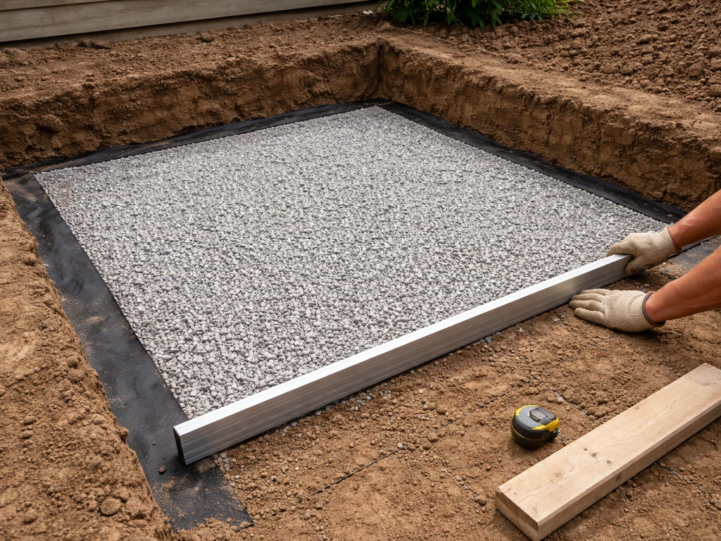 Excavated patio base with geotextile and gravel layers, leveled with a straightedge and measuring tools.