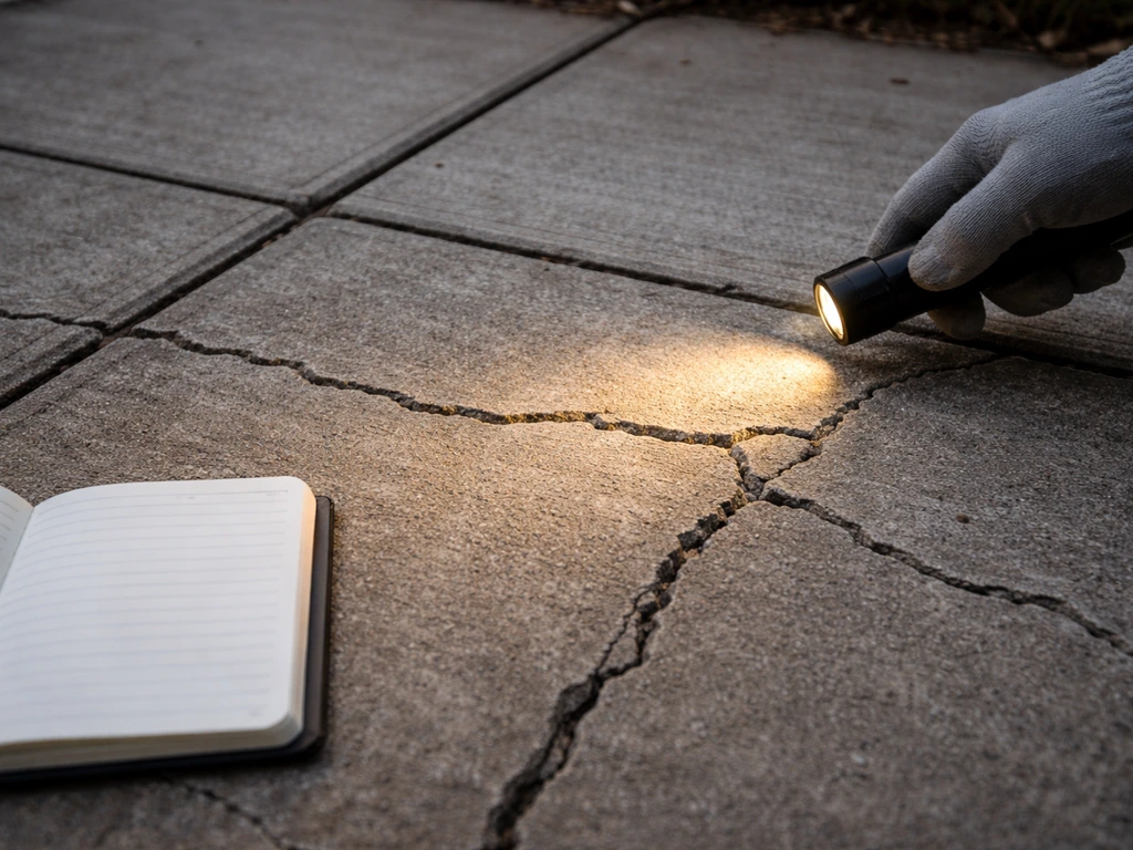 Close-up patio concrete cracks near a notebook and flashlight beam highlighting joint lines.