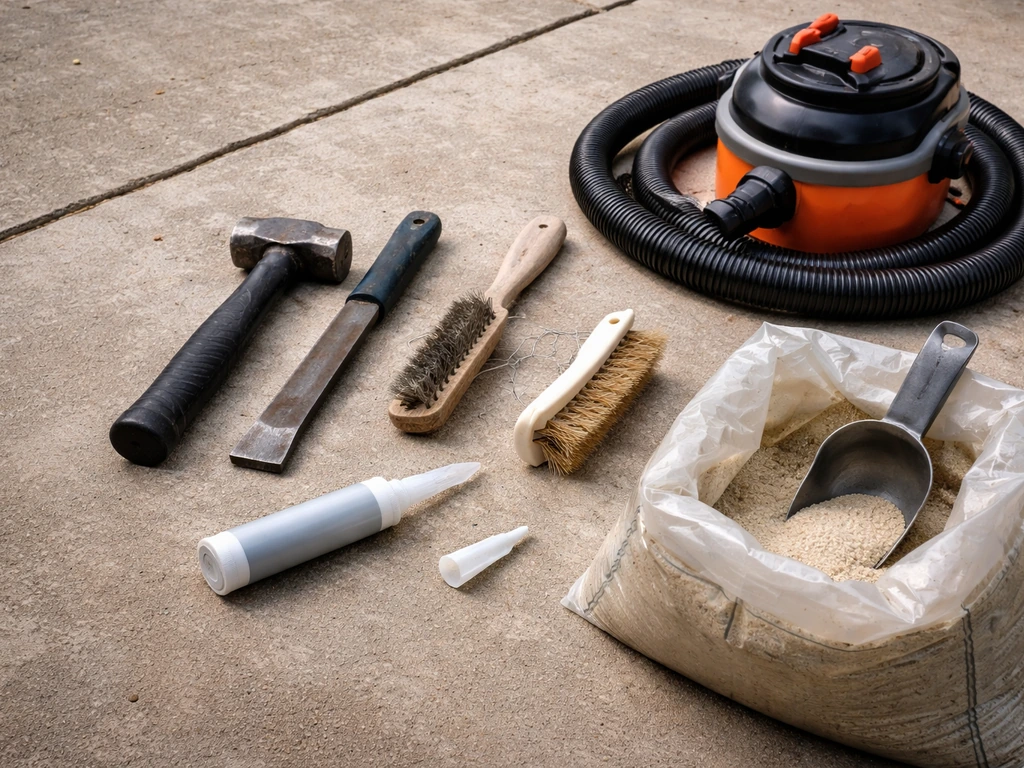 Patio repair kit laid out on concrete: cold chisel, hammer, wire brush, shop vac, crack sealant, polymeric sand.