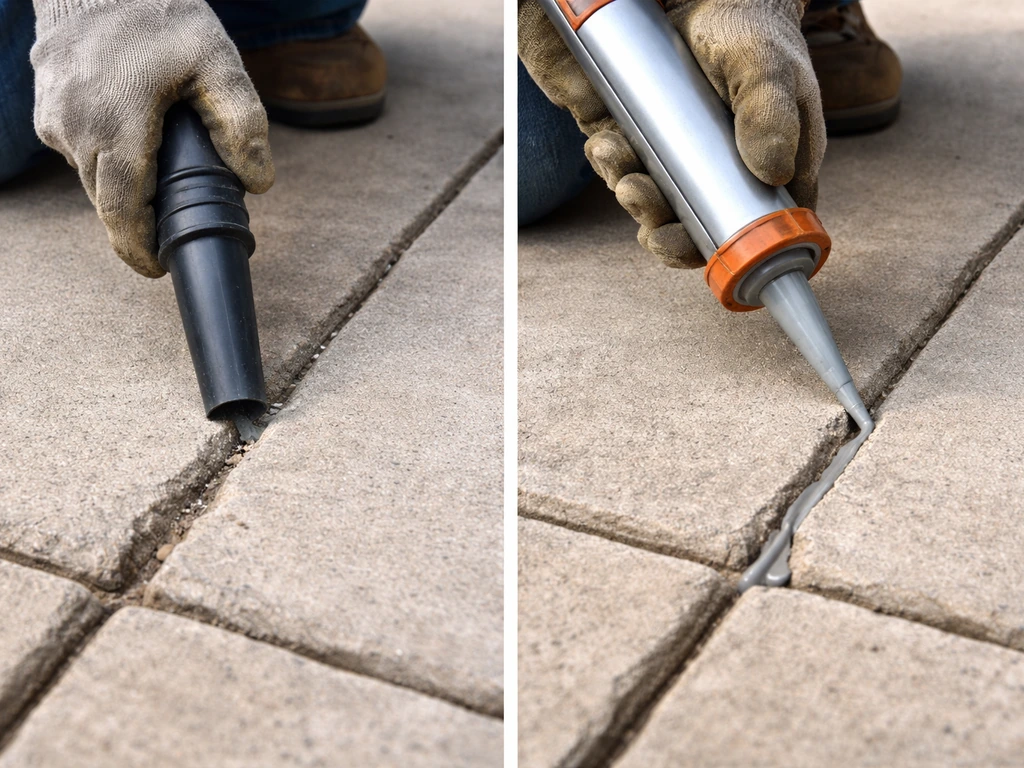 Gloved hands vacuum a concrete crack clean, then apply sealant into the joint.