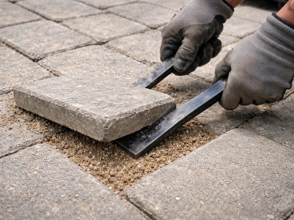 Gloved hands use a flat bar to pry a sunken patio paver, exposing the sandy base underneath.