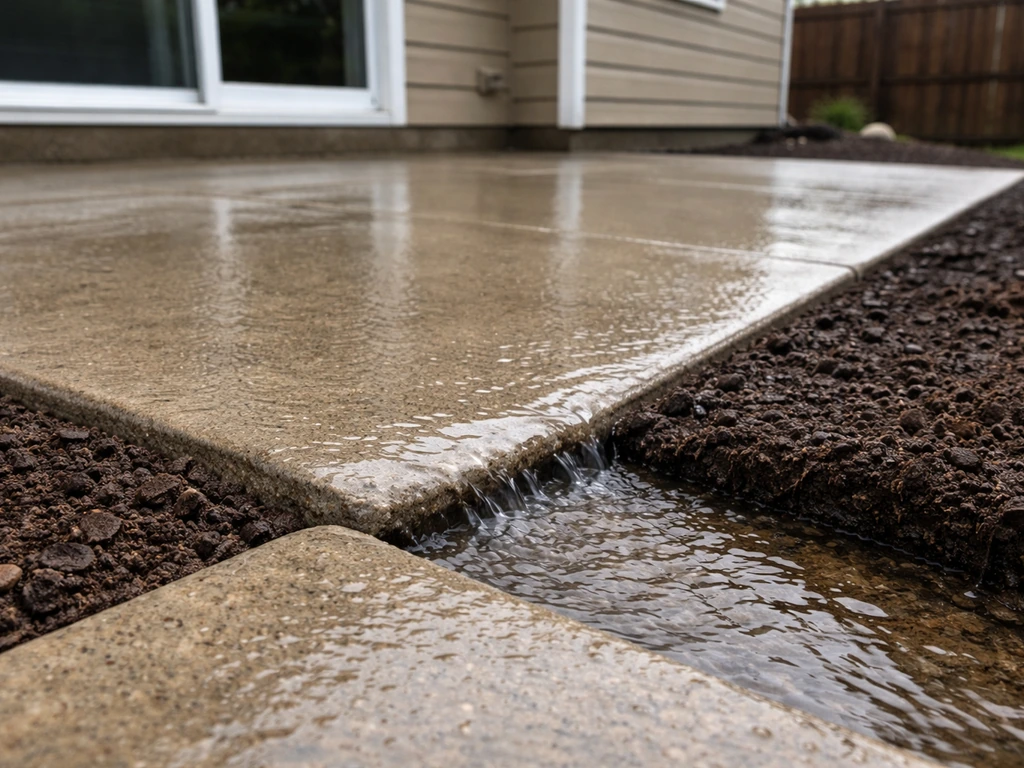 Low patio edge with fresh regrading and a cleared drainage channel, water flowing away from the slab