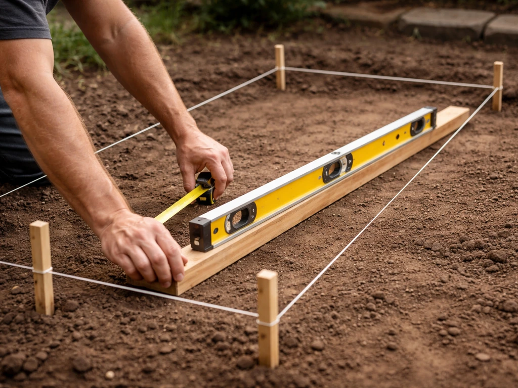 Hands using a tape measure and long spirit level with pegs and string outlining a patio footprint.