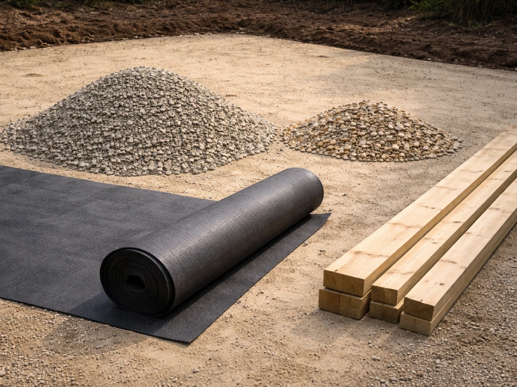 MOT Type 1 sub-base, drainage gravel, geotextile, and edging laid out neatly for a UK garden paving build