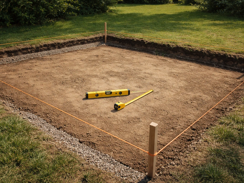 Excavated patio area with taut string lines marking levels, and a level tool resting on the soil