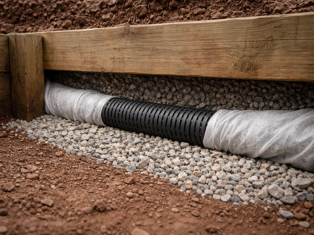 Close-up of perforated drainage pipe in gravel behind timber sleepers with geotextile separation clearly visible.