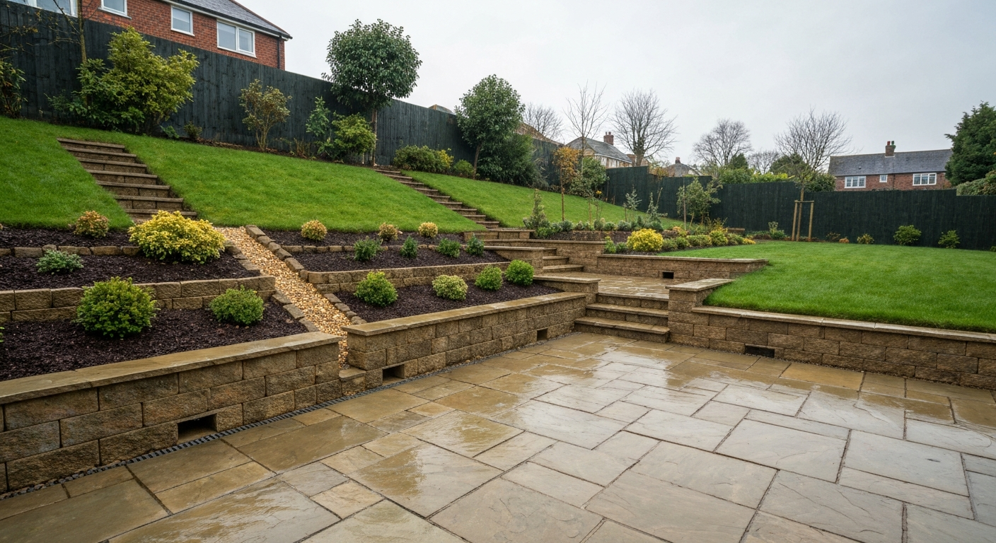 Wide view of a terraced stone patio on a sloping garden with low retaining walls, steps and visible drainage features.