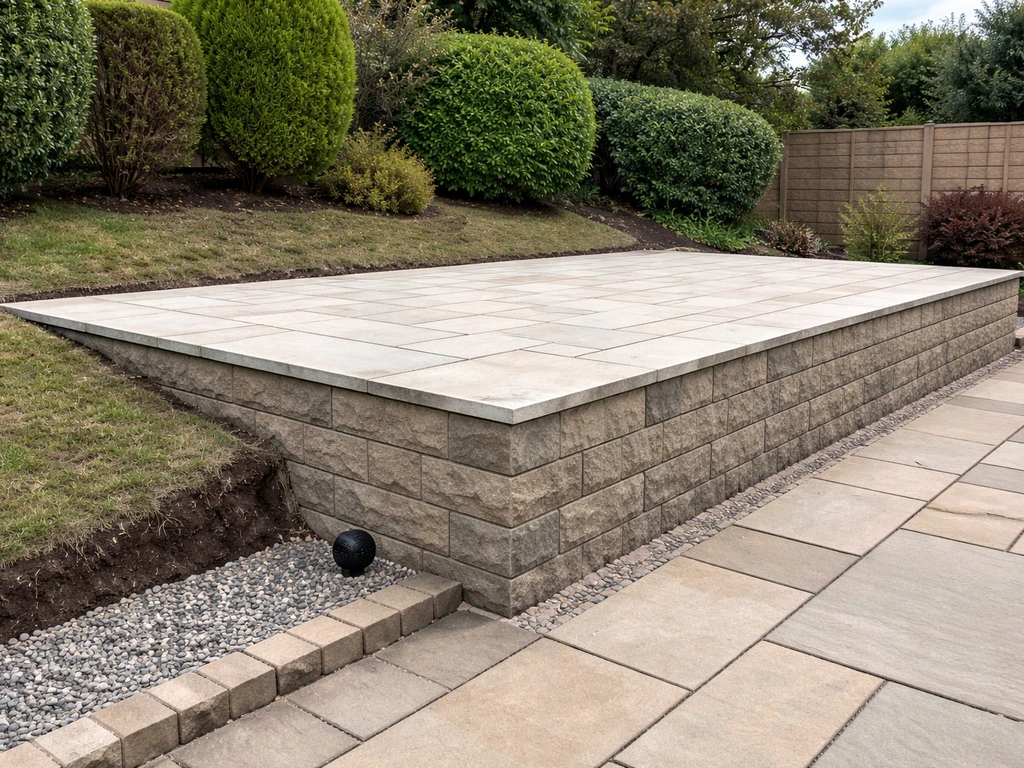 Raised patio on a sloped UK garden with a retaining edge and visible drainage/level base.
