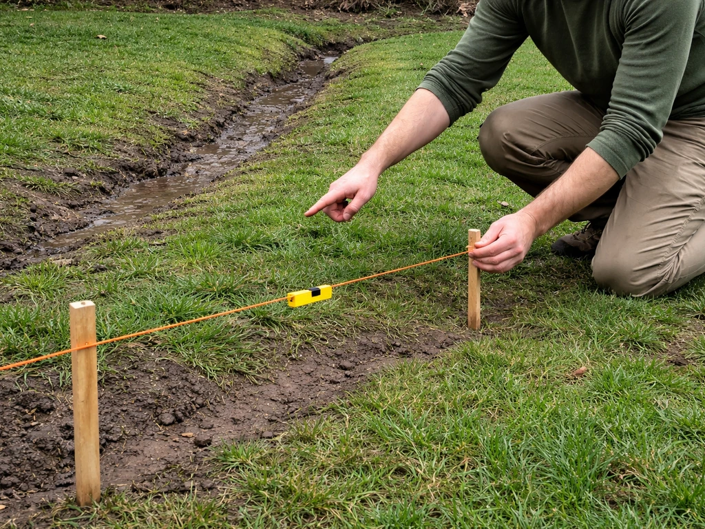 Homeowner using a string level to measure a garden slope near visible drainage runoff points