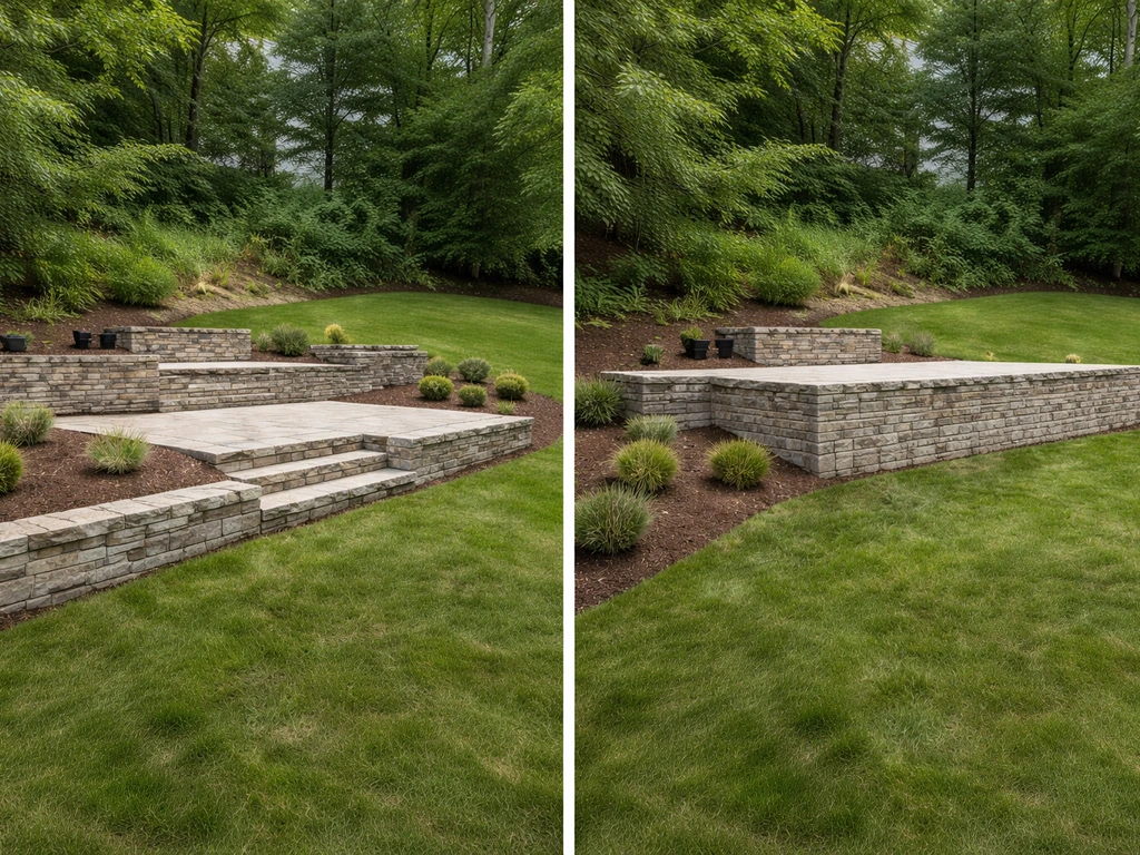Side-by-side terraced vs single raised patio on a slope, showing steps reducing the visual drop.