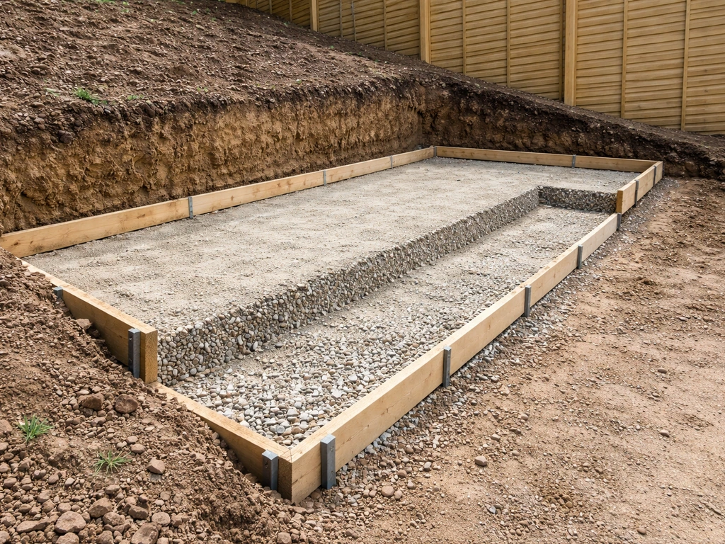 Excavated patio foundation on a slope with compacted sub-base layers and timber edge forms in place