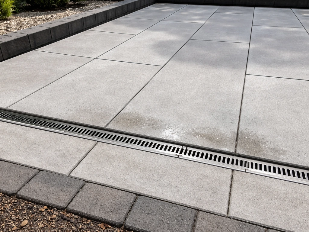 Finished patio with subtle slope to a drainage channel and neat edging/retaining border.