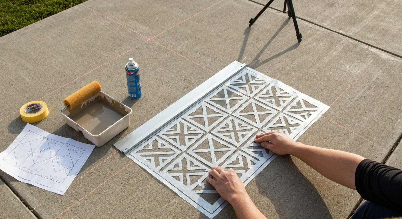Overhead view of a person aligning a large Mylar patio stencil to chalk lines on a concrete slab with roller, spray-adhesive, and laser level nearby.