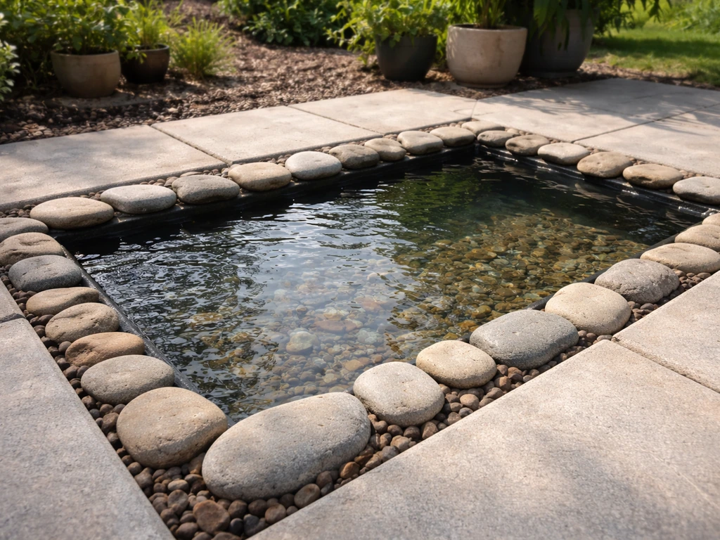 Small budget DIY patio pond with clear water and river rock edging on a simple patio