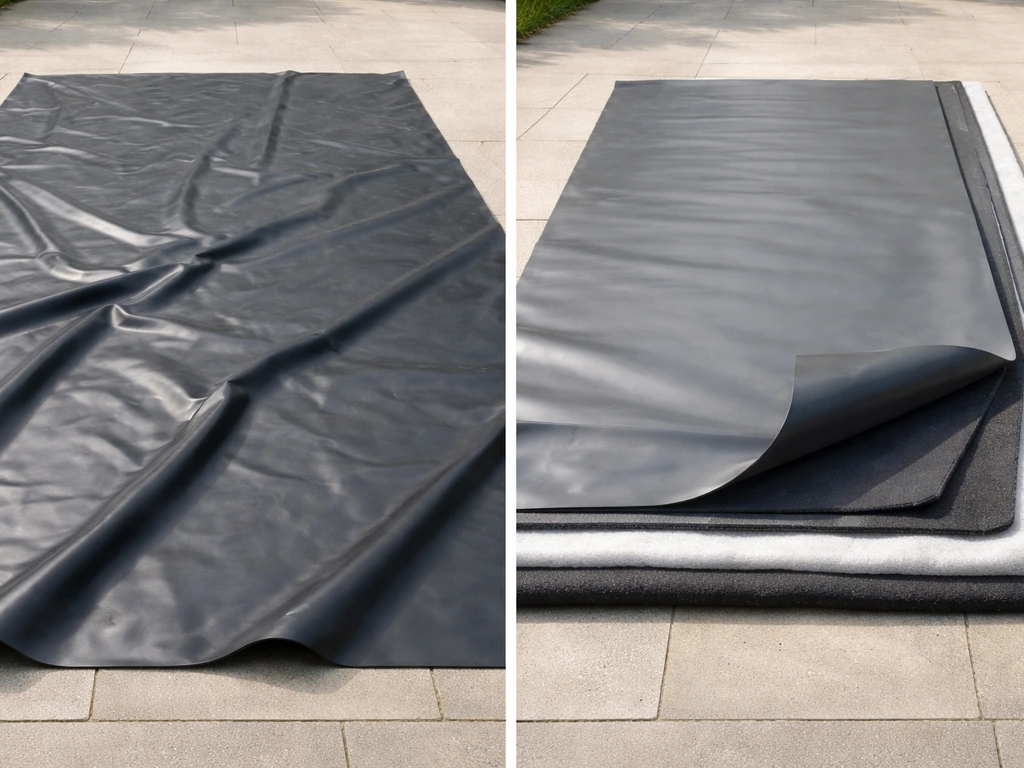 Close-up comparison of stacked pond liner materials—folded EPDM sheet beside layered underlay and containment mat.