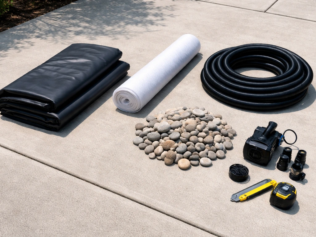 DIY patio pond materials laid out: EPDM liner, underlayment fabric, rocks, tubing, pump parts and basic tools.