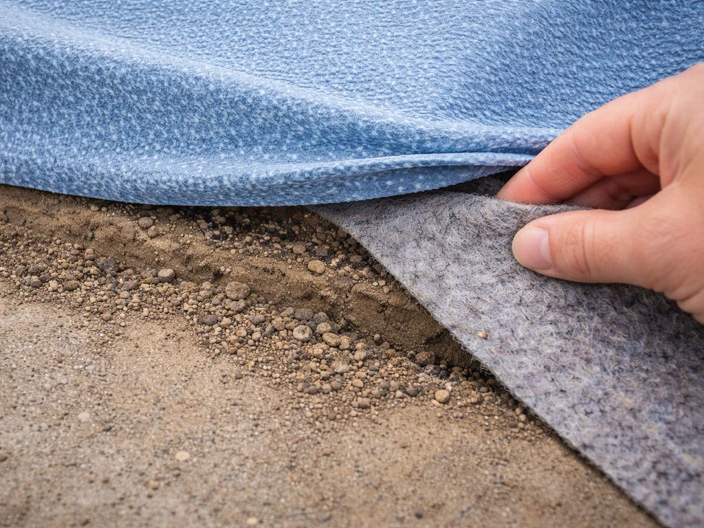 Close-up of pool liner edge with exposed substrate and a tucked underlay patch to prevent leaks and cloudiness.
