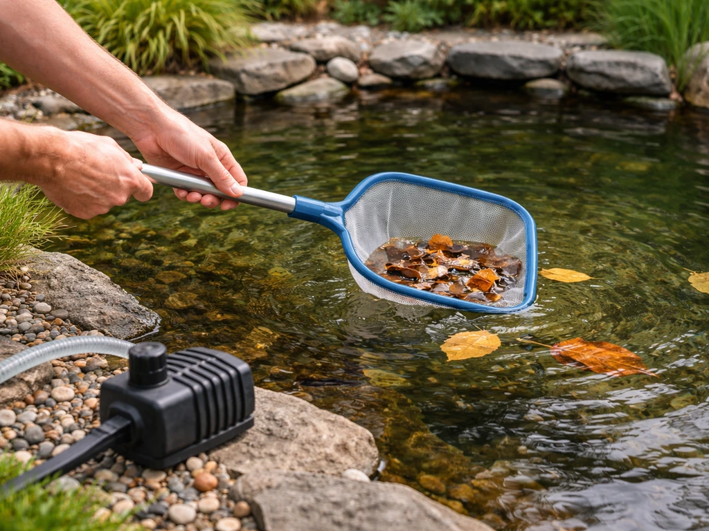Person netting floating debris from a small pond while checking a pump and air line nearby