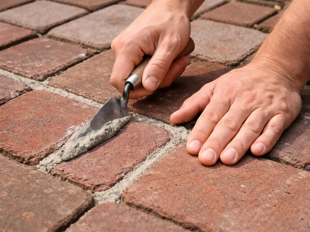 DIY hands smoothing fresh mortar into patio joints with a pointing trowel on brick paving