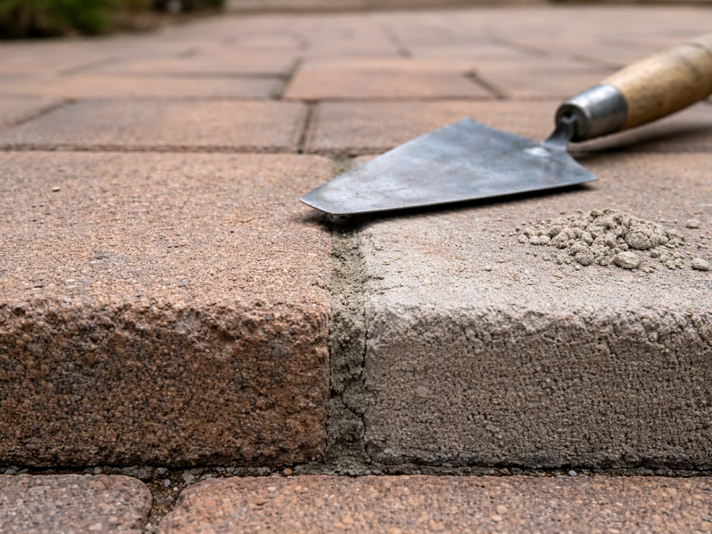 Close-up of old and newly applied mortar joints on a brick patio, with a trowel for texture comparison.