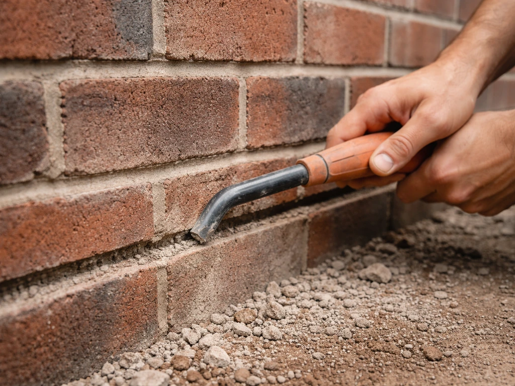 Mason raking failing mortar joints with a joint raking tool to expose clean substrate