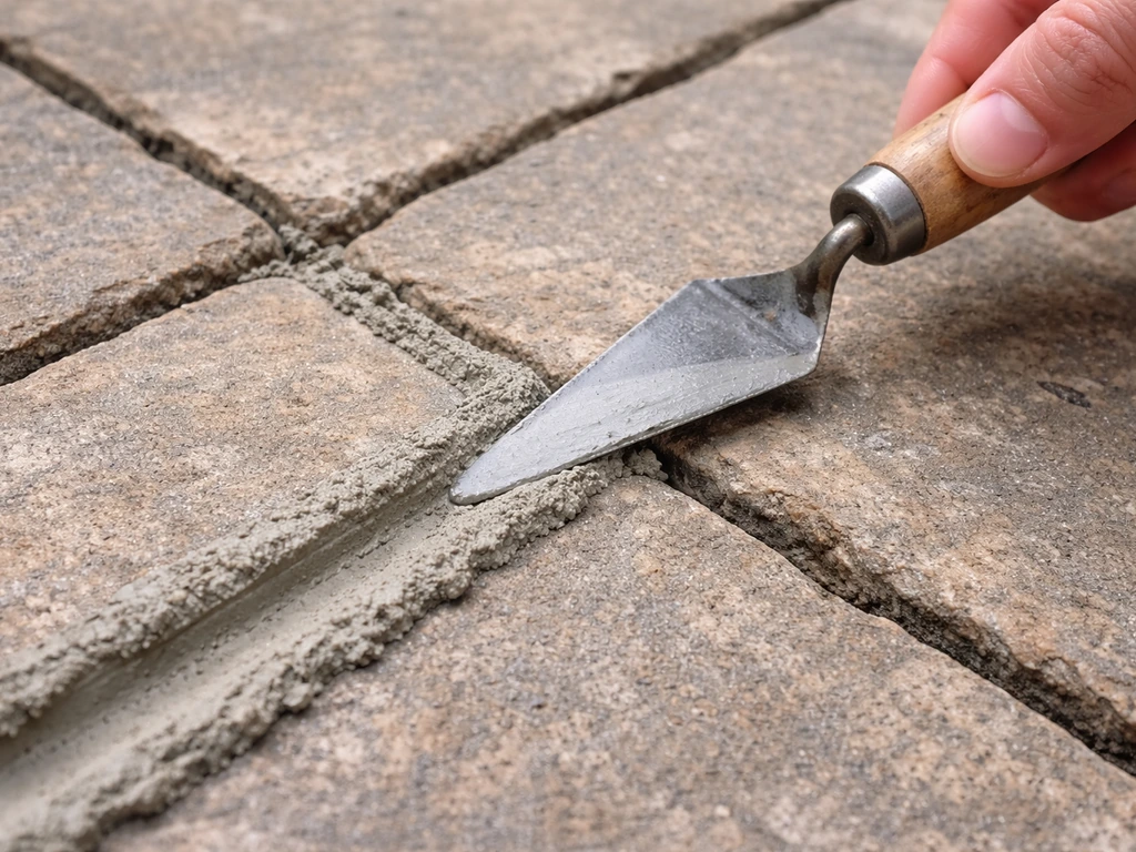 Close-up of mortar being packed into a single patio joint with a pointing trowel