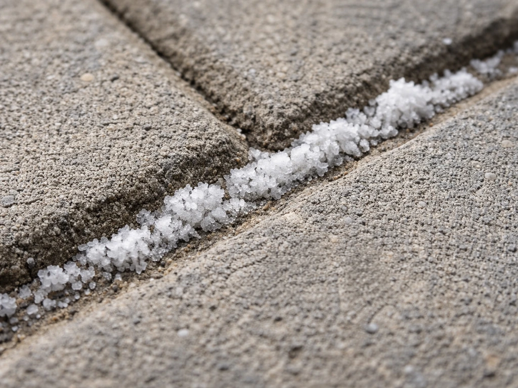 Close-up of white salt crystals (efflorescence) blooming along a patio joint between pavers.