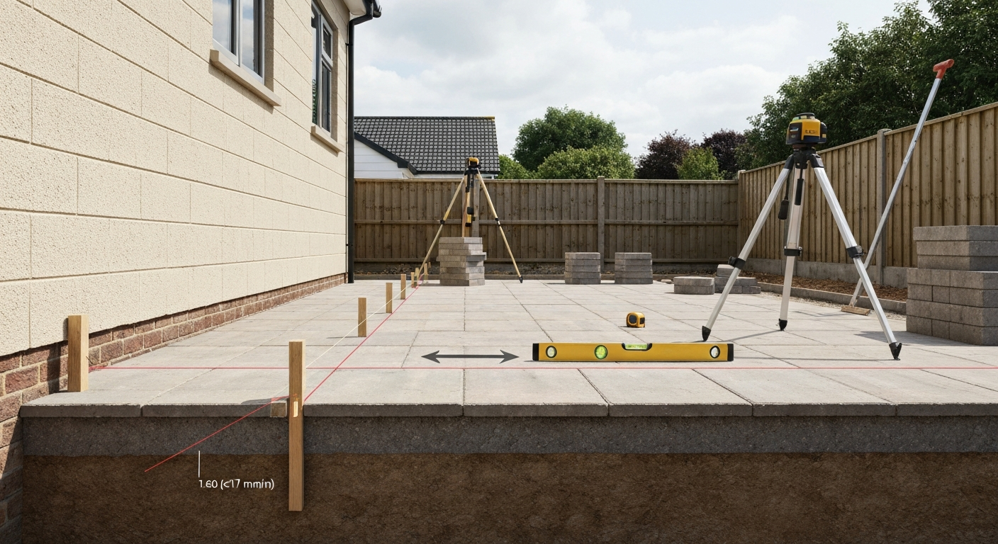 Backyard patio under construction with pegs, string lines and a laser level showing a slope away from the house (labelled 1:60).