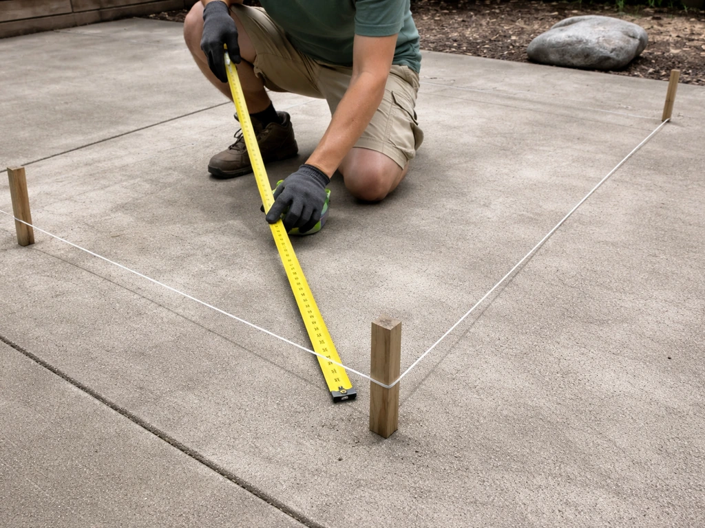 DIY worker kneeling while a tape measure and string line mark a patio footprint for gravel layout.