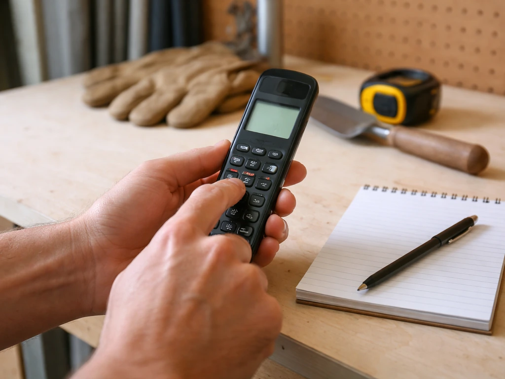 Anonymous hands calling from a phone in a garage before digging, with gloves and tools nearby.