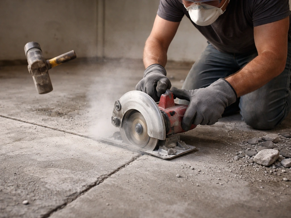 Worker uses a diamond circular saw to score concrete, with a demo hammer and debris nearby.